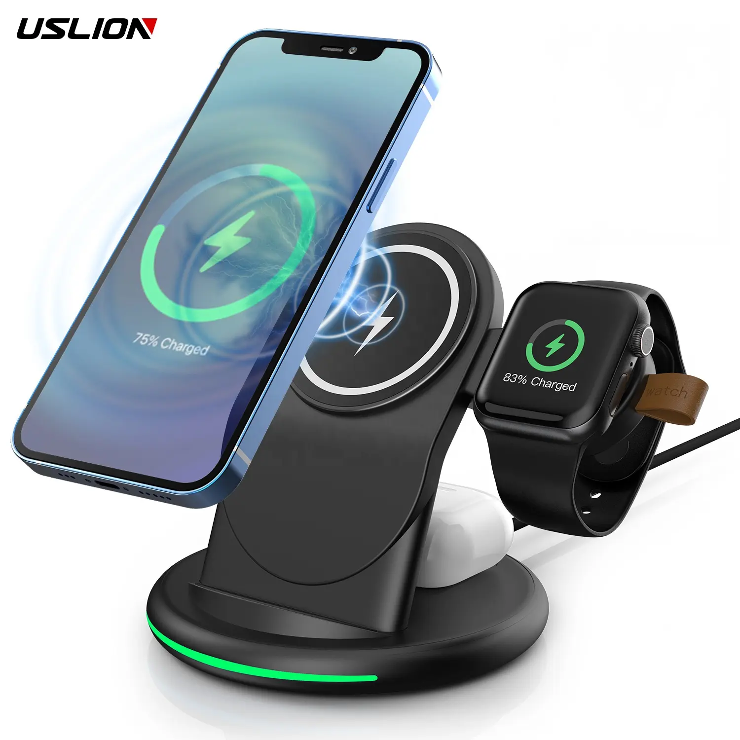 USLION 15W 3 In 1 Magnetic Qi Wireless Charger Mobile Phone Fast Charge Watch Earphone Station for iphone 14 13 12 11 Pro Max