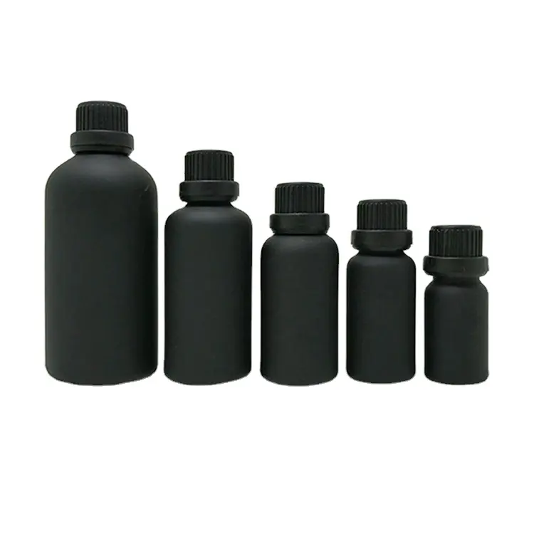 Custom Printing Matte Black Cosmetic Packing 10ml 30ml 50ml Round Shape Glass Essential Oil Bottle With Cap