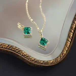 Wedding Jewelry 925 Sterling Silver 14K Gold Plated Necklace Inlaid Green Square Zircon Necklace for Women Girl