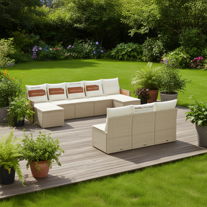 Conjunto de Sofás de Jardín de Ratán Beige para 6 Personas, Muebles de Exterior Resistentes a la Intemperie, Diseño Contemporáneo, Estructura de Madera de Teca - Product Image 2