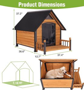 <b>Large</b> Wooden Dog House Outdoor Weatherproof with Porch Chew-Proof Kennel Roof, for Small Medium Dogs - Product Image 4
