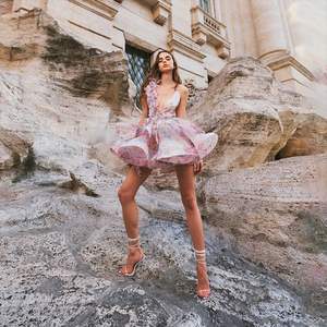 Offerta Speciale Abito <span class=keywords><strong>Corto</strong></span> Casual da Donna, di Tendenza, <span class=keywords><strong>Senza</strong></span> <span class=keywords><strong>Maniche</strong></span>, Scollo a V, Schiena Scoperta, Stampa Floreale e Pieghe - Product Image 5