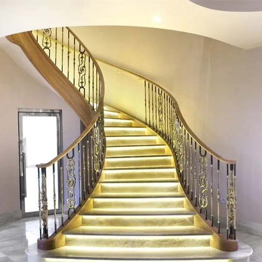 Escalera de caracol decorativa de estilo australiano, diseño interior de madera curvada, escaleras con hierro forjado
