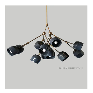 Lustre Sputnik en laiton de style moderne du milieu du siècle, globe bleu et blanc, luminaire suspendu pour salon, salle à manger - Product Image 1