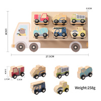 Camion transporteur de voitures en bois avec conducteur ours, 6 véhicules d'ingénierie : chariot élévateur, excavatrice, camion benne, bétonnière, grue, rouleau compresseur - Jouets Montessori