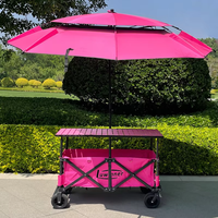 Chariot de camping pliable avec table et parasol, chariot d'extérieur pliable pour stand de vente, camping, pique-nique, plage
