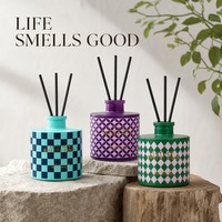 Diffuseur de parfum personnalisé à étiquette privée 120 ml, motif damier, 5 bâtonnets en fibre, 3 senteurs, naturel, longue durée, sans alcool