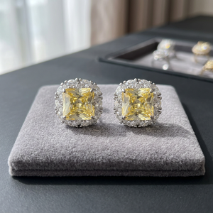 Luxury Women's 925 <b>Silver</b> <b>Stud</b> <b>Earrings</b> Yellow Cubic Zirconia Gold Rhodium Plating Art Deco Geometric Design Claw Setting Trendy - Product Image 2