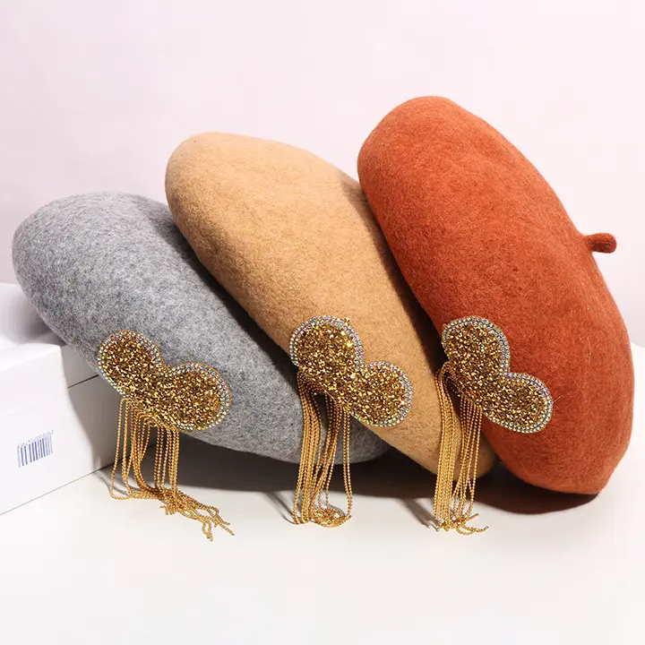 Winter Wol Gebreide Muts Materialen Baret Hoeden Fashionista 'S Gouden Strass Kwastje Franse Vilten Caps Mooie Wollen Baret