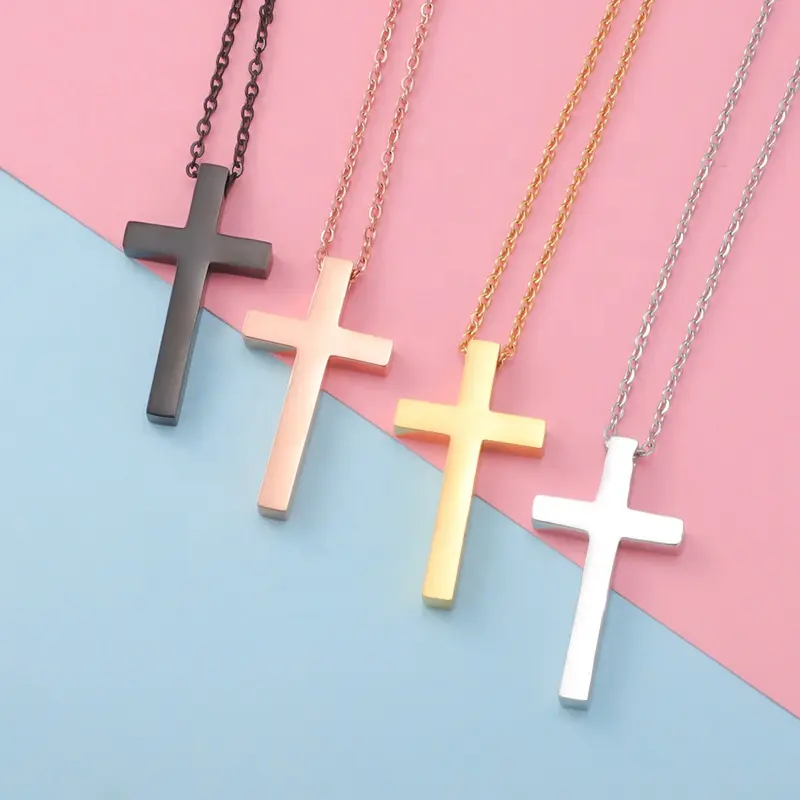 OEM Logo Cross Necklace Faith Pendant 14K Plated Chain Stainless Steel Silver/Gold Plain Pendant Necklace Prayer Religious Jewel