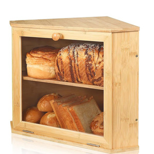 Boîte à pain en bambou, grande boîte de rangement en bois avec porte en verre pour comptoir de cuisine - Product Image 1