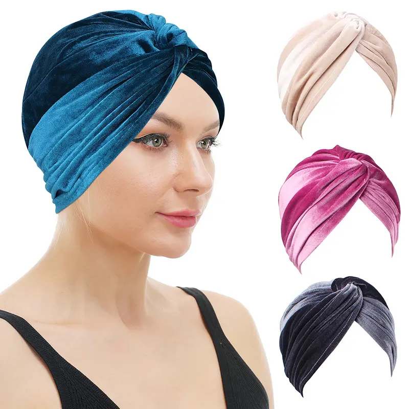 Mode Twisty Velvet Solide Couleur Femmes Turbans Doux Rose Bonnet Turban Chapeaux
