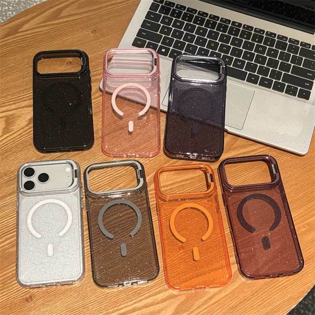 Glitter Bling Clear Wireless Charging Magnetic Case For iPhone 18 Pro Max 17 Air 16 15 Plus Camera Lens Stand Back Cover