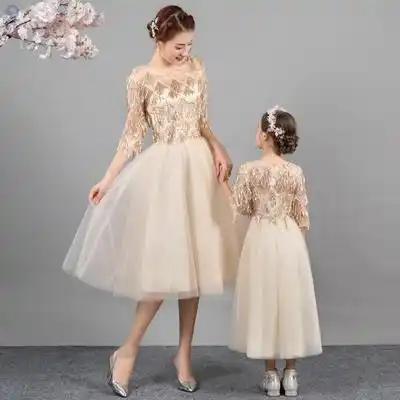 Ivy85005A2021夏の子育てスタイルのドレスの女の子ゴールデンショーイブニングパーティードレスファッション半袖ドレスママと赤ちゃんのための