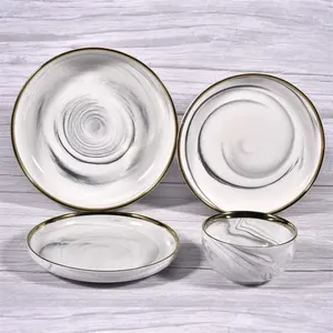 Popular nordic style ceramic dinnerware wide golden rim luxury dinner set wedding party bowl plate set with marble design