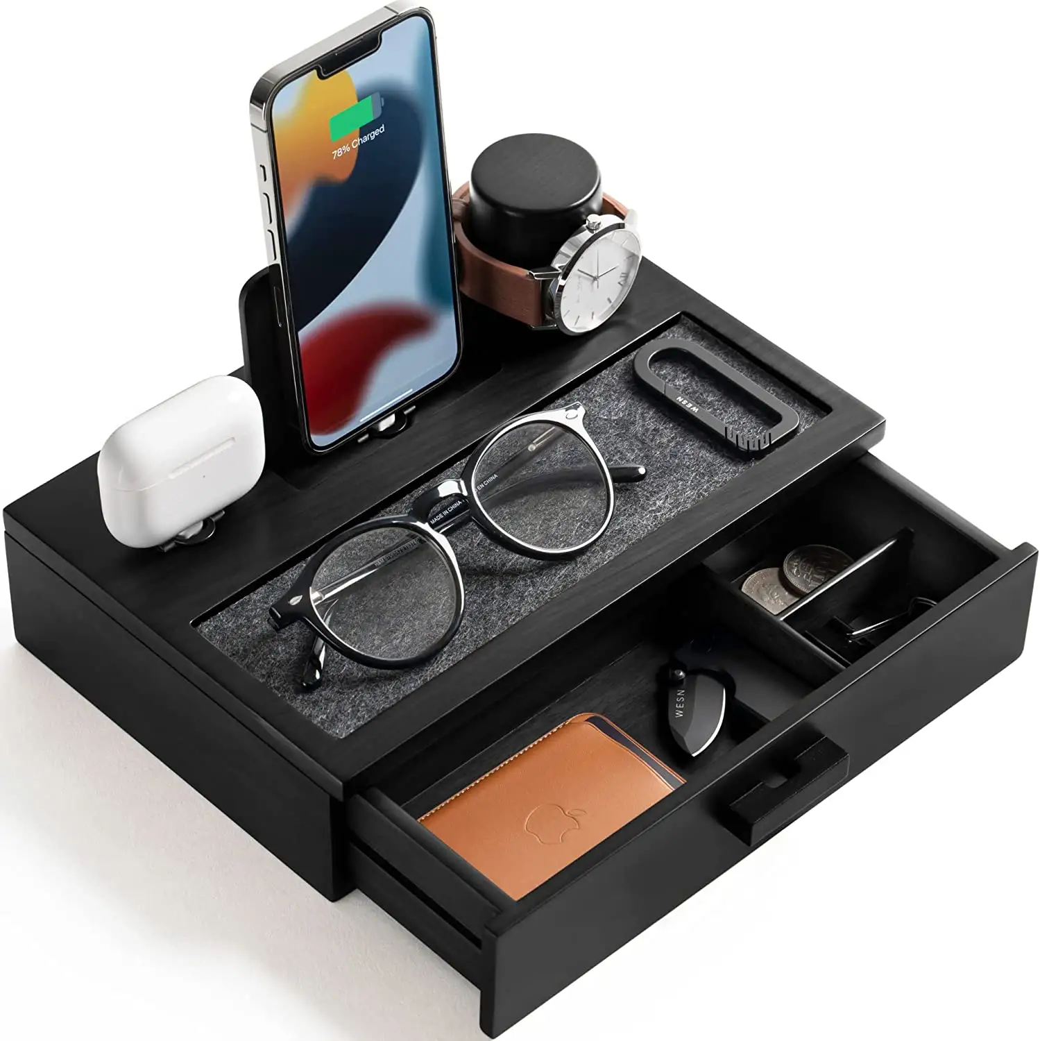 Nightstand Organizer For Men Wood Phone Docking Station