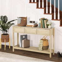 Table Console en rotin de Style bohème Boho avec 3 tiroirs Table de canapé longue et étroite Salon Rangement ouvert Étagère en bois Entrée de la maison