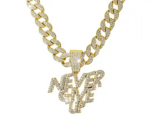 NEVER GIVE UP The new Cuban necklace letters full diamond pendant Hip Hop Jewelry