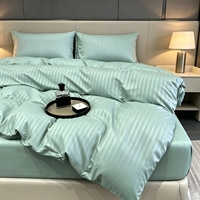 Parure de lit en coton vert sauge 4 pièces, housse de couette, drap et taies d'oreiller à rayures satinées pour la décoration de chambre à coucher