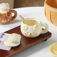 Mug en céramique écologique de luxe, motif ours créatif et mignon, avec couvercle et cuillère, compatible lave-vaisselle et micro-ondes, impression personnalisable pour entreprises