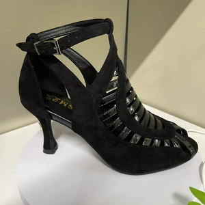 Sandales de danse de salon noires en cuir de maille pour femmes <span class=keywords><strong>Salsa</strong></span> Latin Jazz Dancing Heels Beginner Practice Boots - Product Image 2