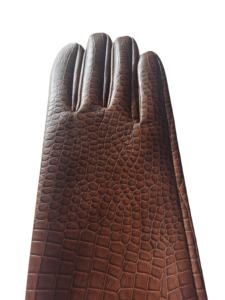 गर्म बिक्री भूरे रंग का चमकदार क्रोकोडाइल रंगीन चमकदार क्रोकोडाइल मुद्रित वास्तविक भेड़ की त्वचा महिला के लिए दैनिक लंबे चमड़े के दस्ताने - Product Image 4