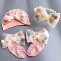 Topi bunga lucu bayi bulan penuh Set topi bayi pertama kaus kaki aksesori rambut putri dengan bunga untuk hadiah ulang tahun