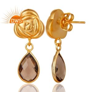 Pendientes de Cuarzo Ahumado con Engaste de Bisel, Chapados en Oro, de Latón, de Moda, Colección Vintage, Fabricante de Joyería - Product Image 2