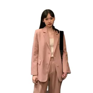 时尚韩版西装外套高腰休闲裤2件粉色女装套装