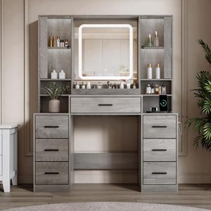 SENYU Coiffeuse Moderne avec Miroir Éclairé, 5 Tiroirs, Station de Recharge, Meuble de Chambre sur Pied, Design en Panneaux MDF - Product Image 2