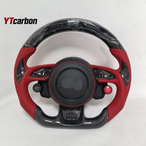 YTcarbon pour A6 S6 RS6 C7 <span class=keywords><strong>s</strong></span>-line personnalisé voiture personnalisée modifier <span class=keywords><strong>R8</strong></span> démarrage cuir rouge véritable Fiber de carbone LED volant - Product Image 1