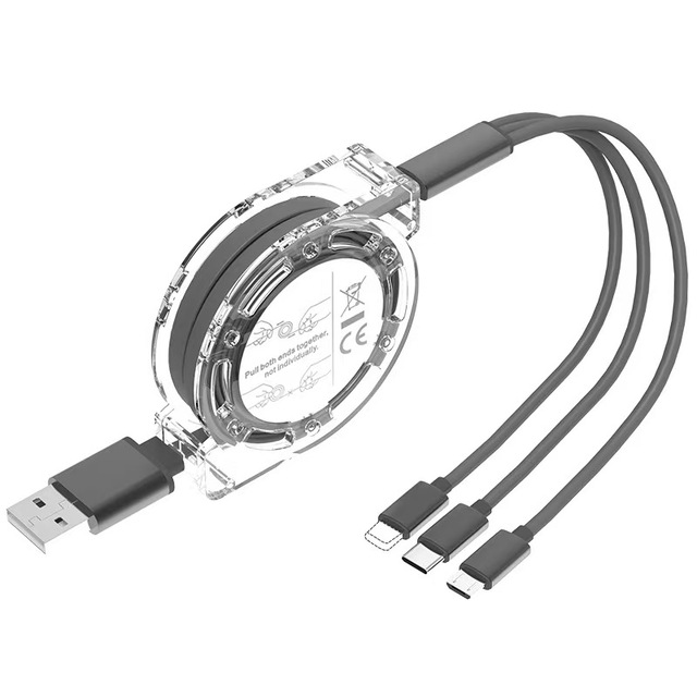 1.2M Three-in-One 3A Fast Charging Type-C Retractable Eco-Friendly Data Cable for IOS Camera Computers Mobile Phones
