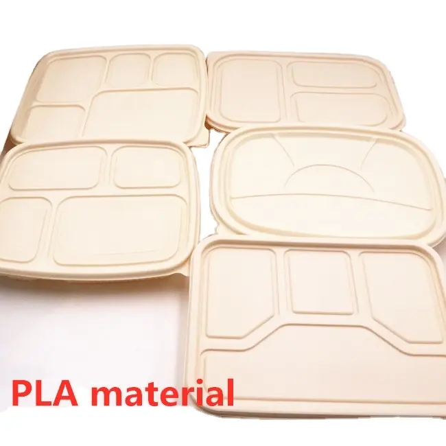 Biyobozunur PLA plastik tepsi vakum mühür gıda 3 bölücü tepsi tek kullanımlık yemek kabı kapaklı