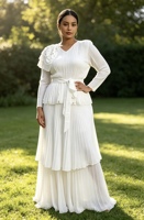 Robe plissée grande taille pour femme, manches longues, avec nœud décoratif, ceinture à la taille, robe à volants superposés, robe de soirée formelle pour femme