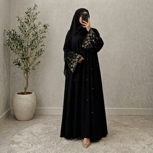 Abaya Negra Abierta por Delante para Mujer, Larga hasta el Suelo, Corte en A, Manga Larga, con Bordado de Cuentas, Vestido de Gala Formal y Modesto - Product Image 3