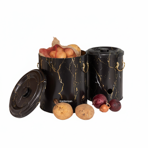 Metal Potato & Onion <b>Storage</b> <b>Bin</b> Set Dia 225x240 mm (2 Pcs ) Marble Black Marble Black Design - Product Image 2