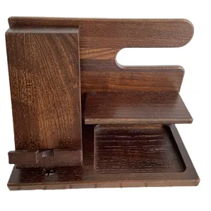天然木制钱包球童坞站手机支架，用于钥匙圈手表笔和玻璃