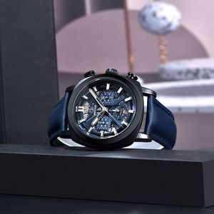 Montre chronographe squelettée Benyar 43 mm, date lumineuse, quartz analogique pour homme, bracelet en cuir noir, étanche 50 m - Product Image 3