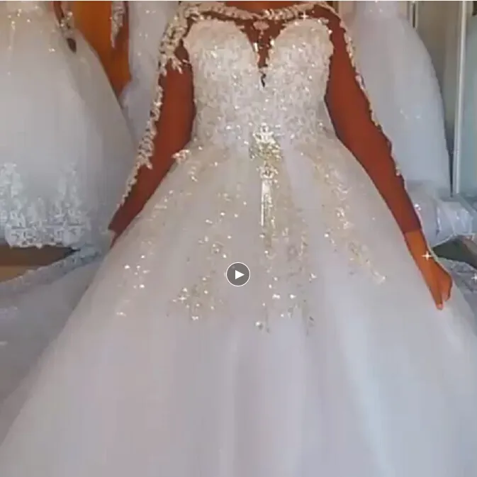 2022 100% hình ảnh thực sự sang trọng appliques dài tay áo đính cườm bóng Gown Wedding Dress cộng với kích thước cổ điển Cô Dâu gown