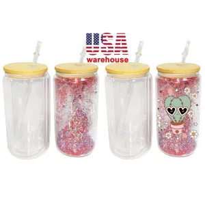 Usa siap kirim 16 Oz 20 Oz sublimasi dinding ganda Snowglobe kaca Soda bening cangkir kaleng bir dengan tutup bambu dan sedotan