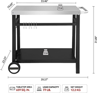 Chariot à manger pour l'extérieur Table de préparation des aliments mobile en acier inoxydable Chariot à barbecue à double étagère Poignée latérale à 2 roues roulantes