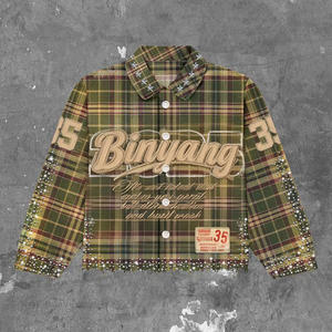 Completo da Uomo Personalizzato di Alta Qualità: <span class=keywords><strong>Camicia</strong></span> a Quadri con Logo, Pantaloncini in <span class=keywords><strong>Jeans</strong></span>, Tuta Corta con Bottoni Decorati in Strass - Product Image 5