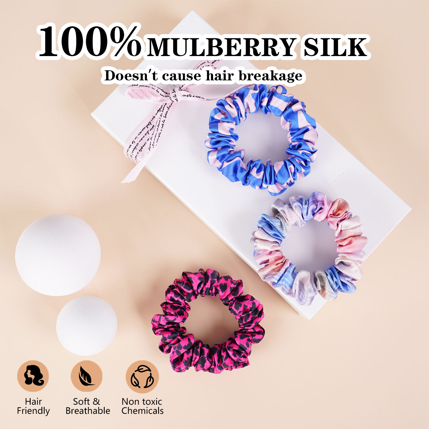 Custom Logo Printed 100% Mulberry Silk Scrunchies With Pattern Fabric for Women Girls Hair Accessories