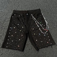 Shorts en jean OEM personnalisés pour hommes, taille basse, bords bruts, style streetwear, avec chaîne perlée, coupe ample, effet usé