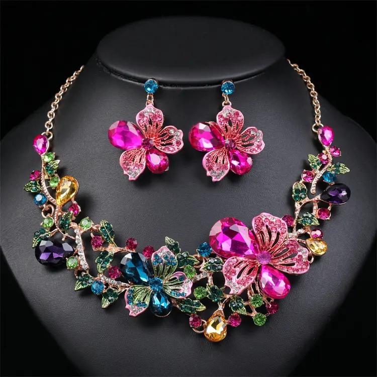 Grosir Set Perhiasan Mode Pernikahan Pengantin Mewah Batu Permata Berlian Imitasi Bunga Multiwarna Baru