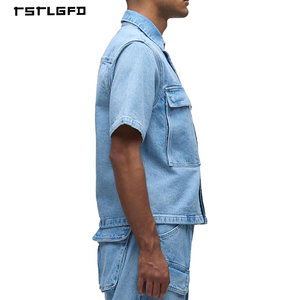 Wholesale Spring Light Wash Printed Denim Short <b>Set</b> Cargo Pockets for Men Relaxed Fit Short Sleeve Button Streetwear Tracksuit - Product Image 2