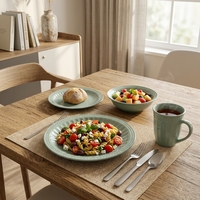 Service de table en grès vert de luxe |   Ensemble de salle à manger pour la maison et la cuisine, 16 pièces |   Vaisselle en céramique durable, résistante au four et anti-fuite