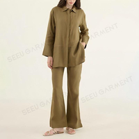 Ensemble deux pièces élégant vert olive, chemise tunique et pantalon évasé en mélange de lin, étiquette personnalisée, commande en gros, vêtements pour femmes musulmanes