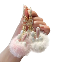 Porte-clés mignon avec oreilles de lapin et pompon en fausse fourrure, avec perle et nœud, breloque de sac Kawaii pour filles