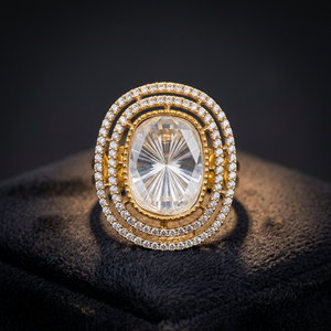 Luxury Oval Crystal Cocktail <b>Ring</b> for Women | Gold Plated CZ Diamond Halo Statement <b>Ring</b> | <b>Adjustable</b> Bridal Party Fashion | - Product Image 3